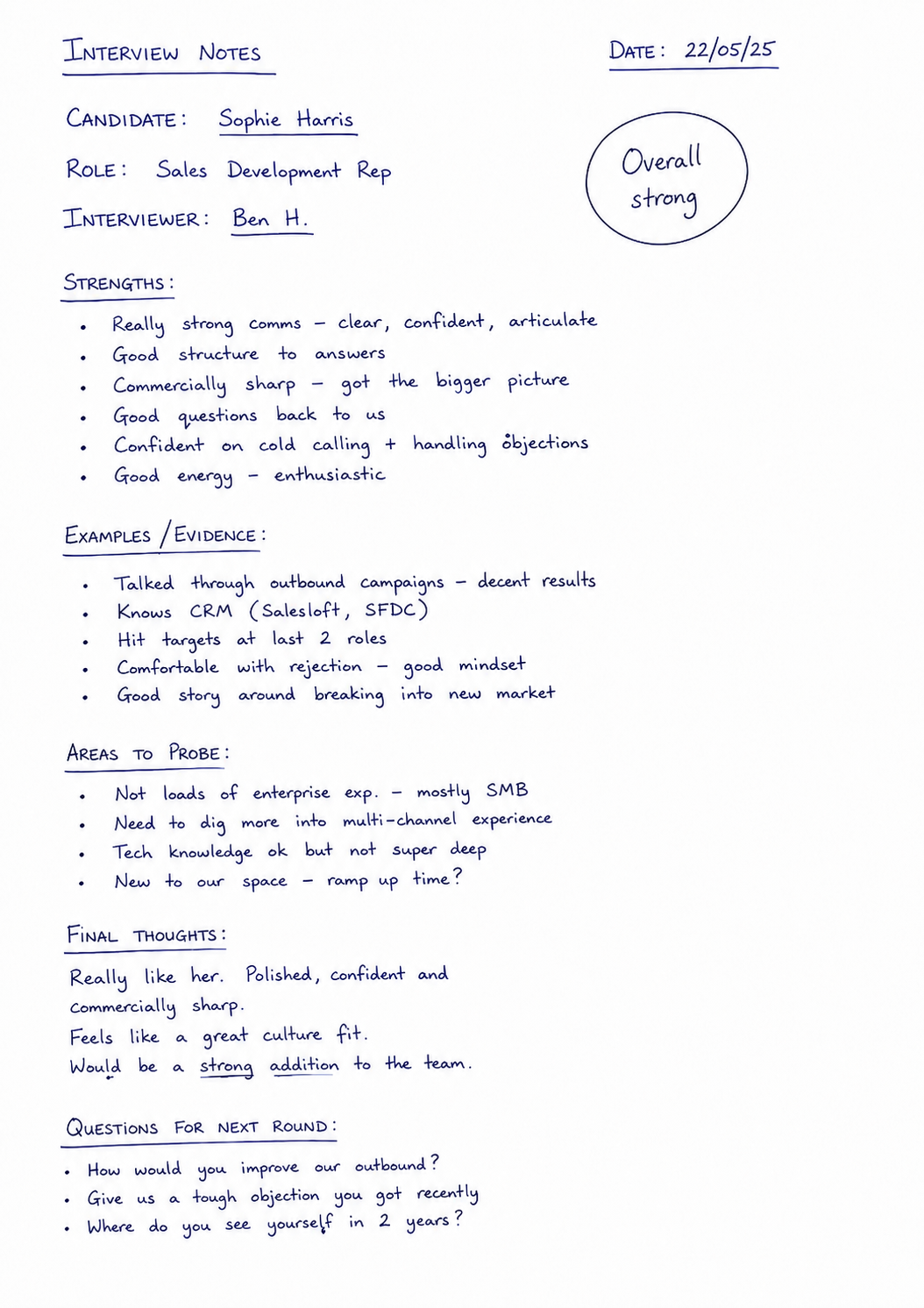 Handwritten interview notes for Sophie Harris recording strengths, examples, areas to probe and questions for a later interview.